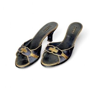 Louis Vuitton Satin Black and Gold Accent Kitten Heels